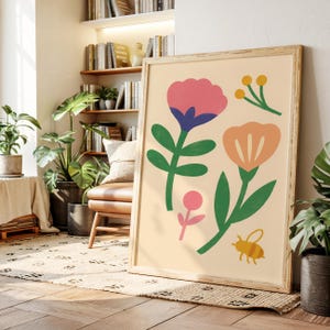 Arte mural minimalista con flores y abejas: flores y abejorros coloridos de mediados de siglo. Impresión en lienzo de naturaleza caprichosa.