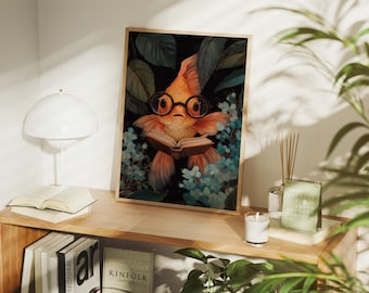 Quirky Goldfish Reading Wall Art | Whimsical Animal Portrait with Glasses and Book for Eclectic Decor
