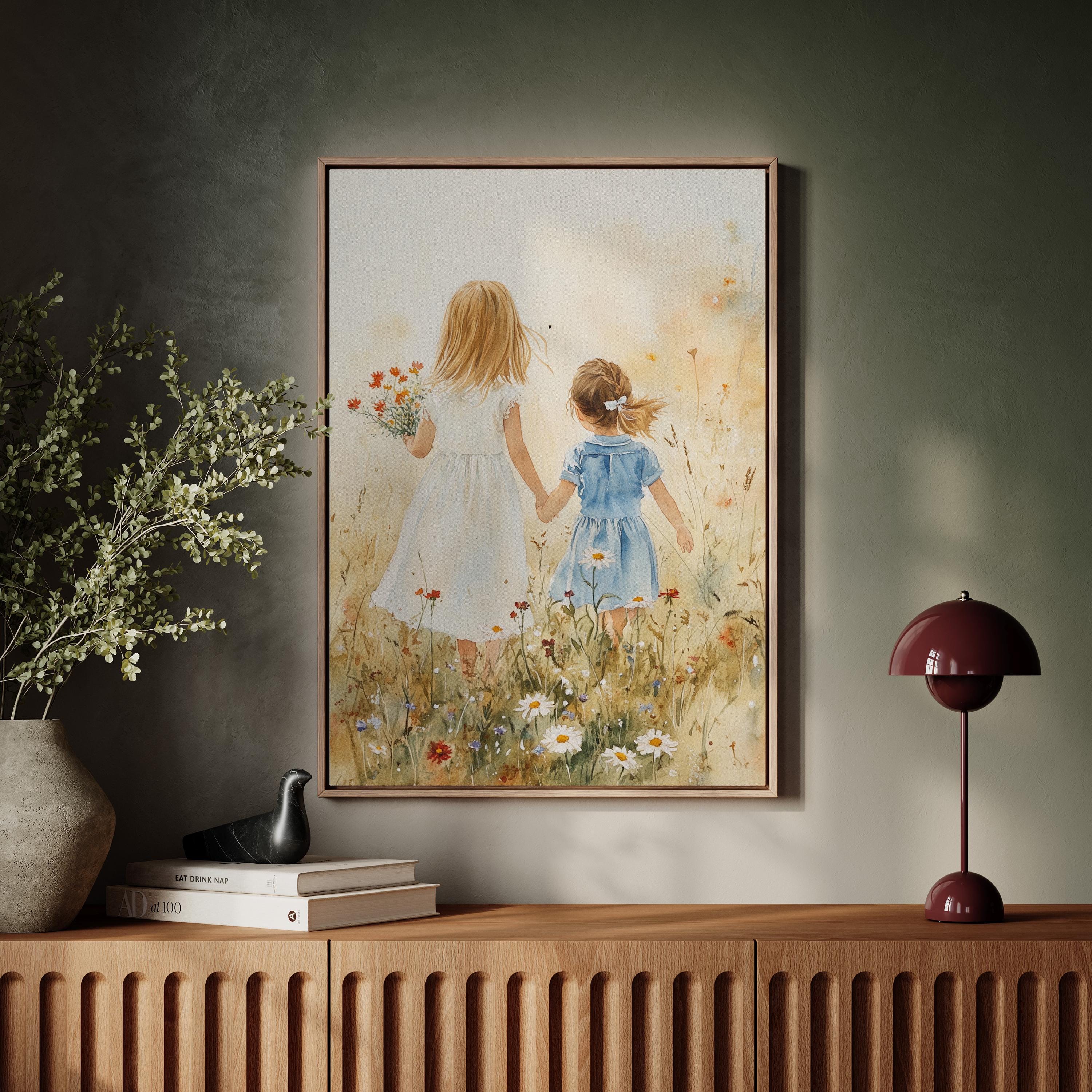 Sisters Holding Hands Canvas Wall Art | Wildflower Field Nursery Print ...