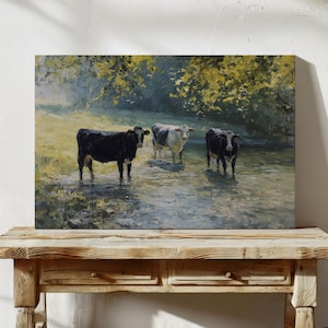 Vintage Oil Painting of Cows Standing in a Shallow River, Pastoral Farm Scene Canvas Wall Art, Rustic Country Landscape Home Decor