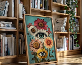 Surreales Blumenauge Art Print, Trippy Botanische Leinwand Wanddekoration, Visionär Psychedelisches Poster für Eklektisches oder Boho Wohnstil