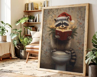 Funny Raccoon Christmas Canvas, Santa Hat Animal Reading Book Wall Art, Rustic Holiday Bathroom Decor, Whimsical Woodland Xmas Print