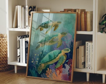 Sea Turtle Trio Canvas Art, Coastal Ocean Wall Decor, Underwater Coral Reef Painting, Marine Life Sea Turtles Artwork for Beach Home