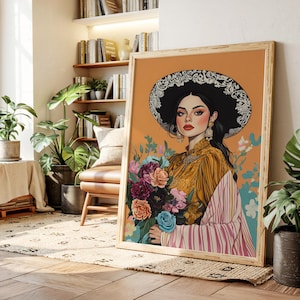 Elegant Mexican Woman Canvas Wall Art – Floral Portrait with Embroidered Sombrero in Vintage Latin Boho Style
