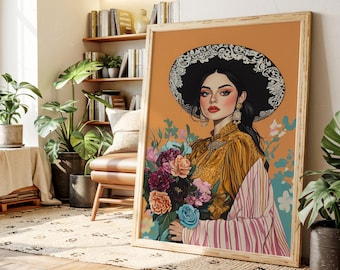 Elegante Mexicaanse vrouw canvas muurkunst – bloemenportret met geborduurde sombrero in vintage latin boho-stijl