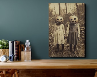The Original Sepia Creepy Pumpkin Halloween Children Ready To Hang Canvas Wall Art Print, Halloween Canvas Wall Art, Spooky Season Art
