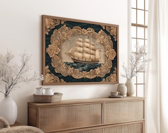 May include: A framed nautical print featuring a detailed illustration of a tall ship sailing on the ocean. The artwork is surrounded by an ornate, floral-inspired border in shades of beige and gold, set against a dark teal background.