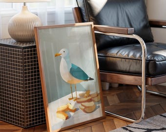 Minimalist Seagull and Fries Wall Art | Whimsical Coastal Bird Painting for Modern Beach Decor
