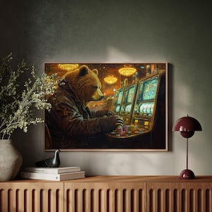 Bear Gambling Canvas Print, Funny Casino Wall Art, Slot Machine Decor, Anthropomorphic Animal Painting, Vintage Gambling Poster