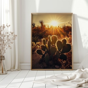 Sonnenuntergang Kaktusfeigenkaktus Wandkunst - Lebendige Wüstenlandschaft Leinwanddruck für Southwestern oder Boho Home Decor