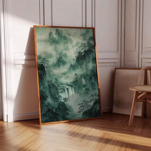 Chinese landschapsdruk mistige bergwaterval - traditionele inktwasschildering - serene natuurmuurkunst - Aziatisch zen-decor