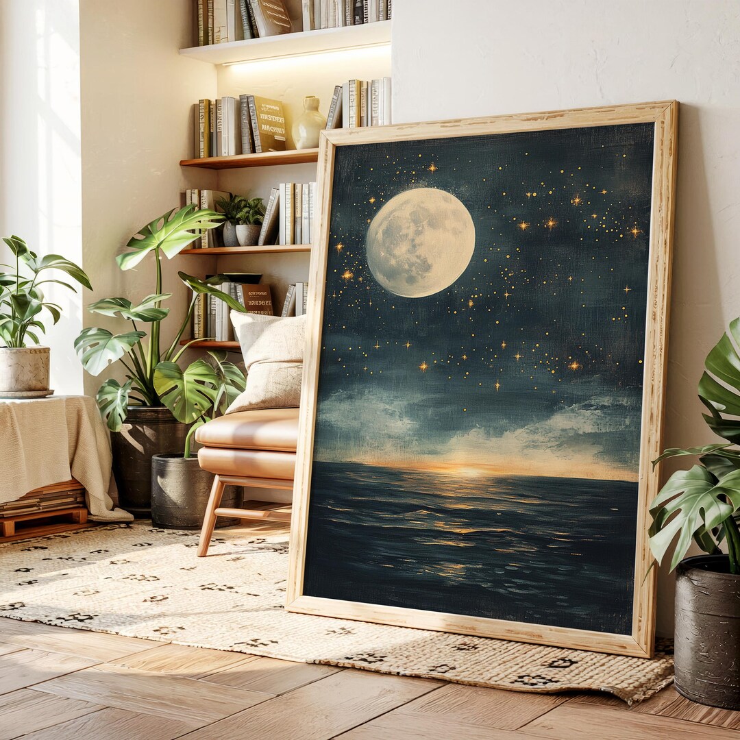 Moon Over Ocean Canvas – Dreamy Night Sky With Stars and Reflected ...