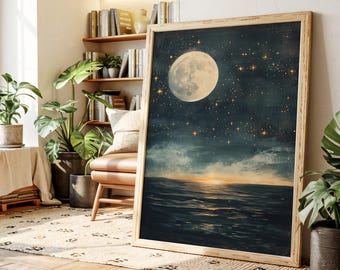 Canvas Moon over Ocean – Dromerige nachtelijke hemel met sterren en gereflecteerd licht op water – hemelse kustkunst voor rustige muurdecoratie