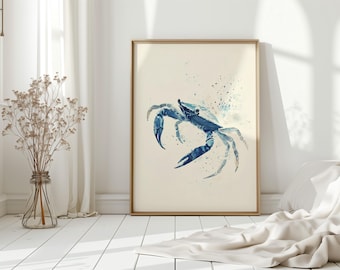 Arte de cangrejo en acuarela, impresión de cangrejo azul, decoración costera oceánica, ilustraciones de vida marina, arte mural inspirado en el océano, decoración de criaturas marinas de la naturaleza