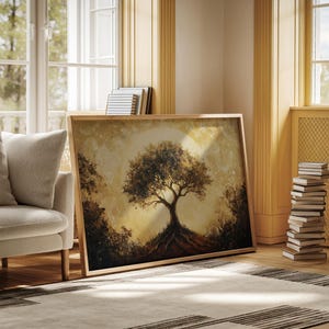 Golden Tree of Life Canvas Wall Art - Stunning Nature-Inspired Hangable Artwork with Radiant Glow for Home and Office Décor