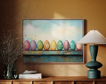 Huevos de Pascua con motivos florales vibrantes: huevos pintados a mano con dibujos en un estante rústico, decoración de pared primaveral perfecta para el hogar o celebraciones de temporada