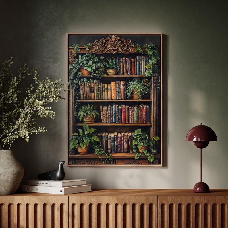Vintage Bookshelf Canvas Wall Art - Antique Books and Lush Greenery for ...