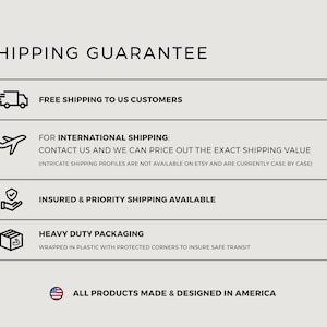 May include: A graphic with the text "SHIPPING GUARANTEE" and information about shipping, including free shipping to US customers, international shipping, insured shipping, and heavy-duty packaging. The text "ALL PRODUCTS MADE & DESIGNED IN AMERICA" is also included.