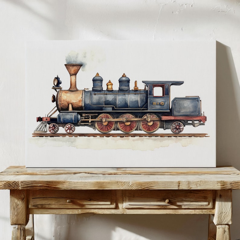 May include: A watercolor painting of a vintage steam locomotive with a blue and red color scheme. The train has a large smokestack and several windows. The train is on a track with a white background.
