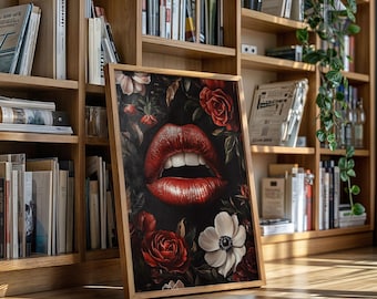 Lienzo de labios rojos con rosas para pared / Impresión de retrato floral llamativo / Arte floral gótico romántico oscuro para dormitorio o sala de estar