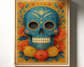 Calavera de azúcar azul con caléndulas / Arte del Día de Muertos