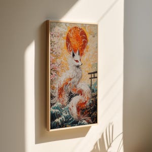 Kitsune Spirit Fox Leinwand - Feuriger Neunschwänziger Yokai Wandbild - Japanische Mythologie Druck mit Kirschblüten & Torii-Tor