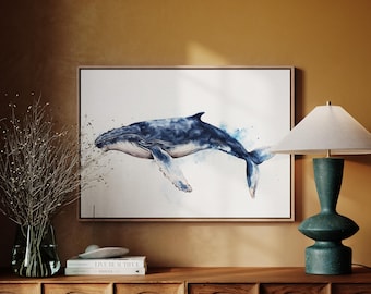 Art aquarelle sur les baleines, impression de baleine à bosse inspirée de l'océan, déco baleine, affiche de la vie marine, oeuvre d'art côtière de salon, déco baleine bleue
