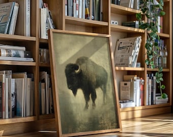 Majestic Buffalo In Mist Western Canvas Wall Art, Rustic American Bison Painting, Farmhouse Lodge Decor, Wildlife Nature Rustic Print