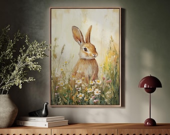 Charmant lapin sur toile de fleurs sauvages - art fantaisiste de lapin de ferme, décoration murale printanière rustique pour la maison ou la chambre d'enfants