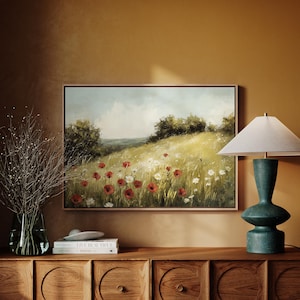 Wildflower Meadow Canvas, Vintage Floral Landscape Art, Rustic Country Wall Decor, Red Poppy & Daisy Print, Peaceful Nature Painting