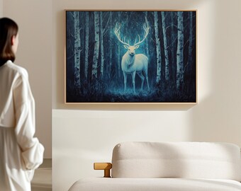 白い鹿のキャンバスアート 神秘的な白い鹿のキャンバス壁アート | 魅惑的な森の光る鹿の絵画