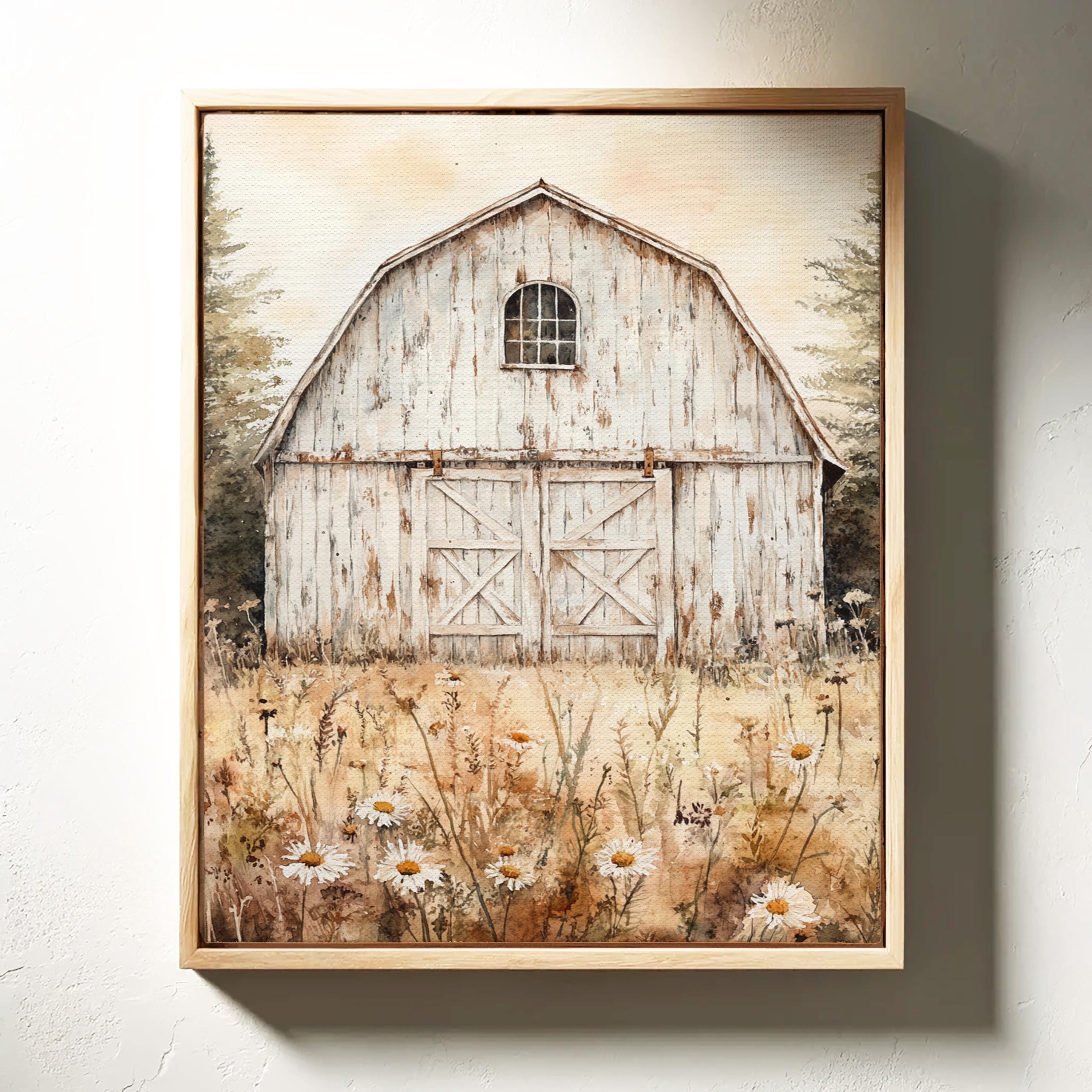 White Barn and Wild Daisy Field Canvas Wall Art | Rustic Farmhouse ...