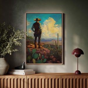 Cowboy Canvas Art, Western Desert Landscape, Cactus Wall Decor, Rustic Southwestern Home Decor, Vintage Country Art Print