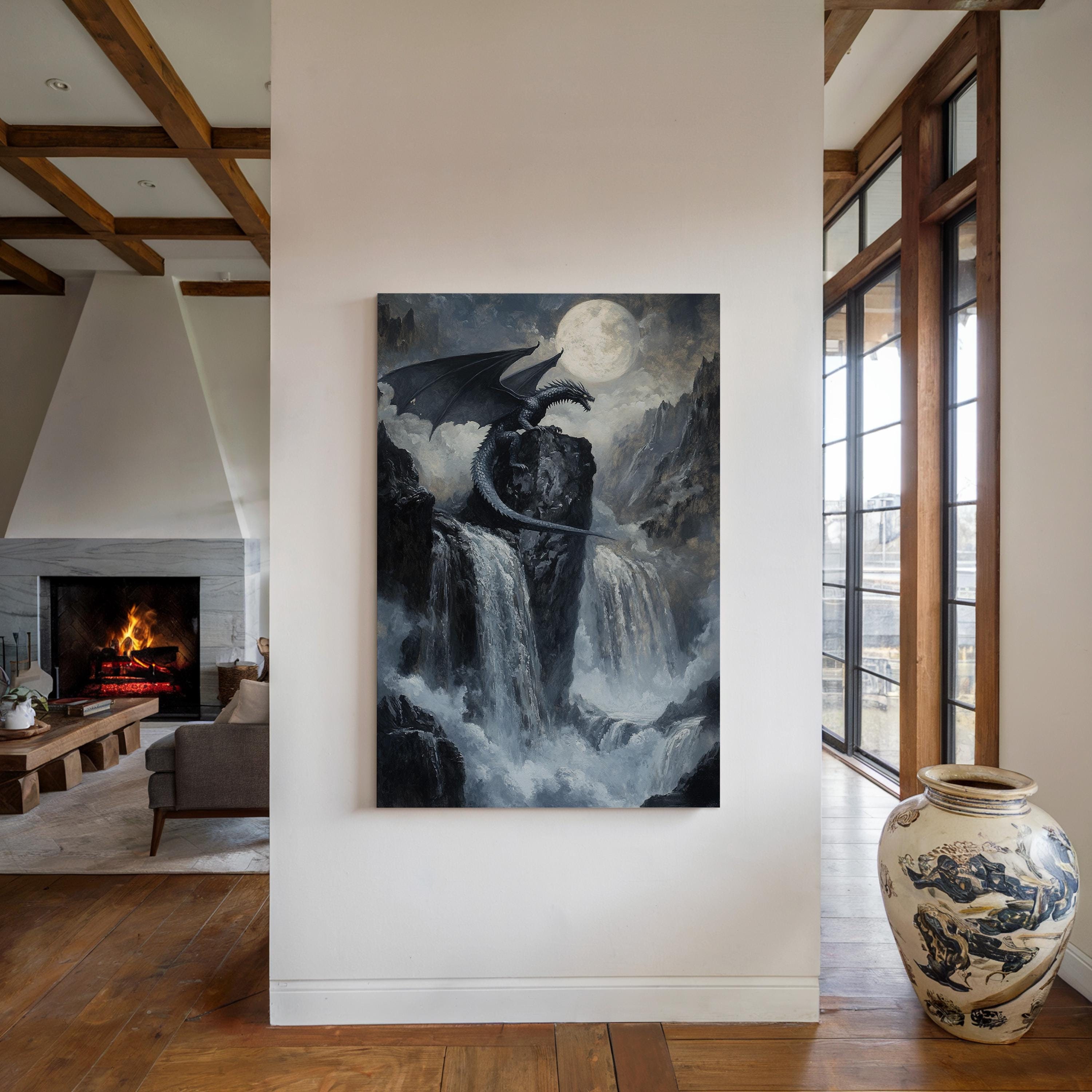 Majestätischer Drache über Wasserfällen unter Mondlicht, Fantasy Leinwand Kunst für epische Wanddekoration oder Geschenk für Drachenliebhaber