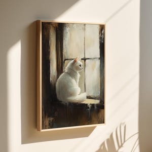 White Cat by Rustic Window Canvas Art - Serene Vintage Animal Decor for Cozy Farmhouse and Cottagecore Style