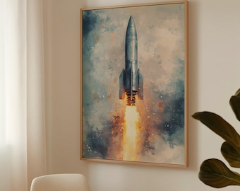 Lienzo con póster de lanzamiento de cohetes retro: póster de exploración espacial vintage, decoración de ciencia ficción de mediados de siglo para entusiastas del espacio