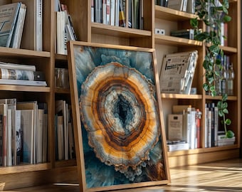 Lienzo decorativo con corte transversal de geoda: impresión abstracta de anillos de cristal en tonos tierra, póster con textura mineral natural para una decoración geológica moderna.