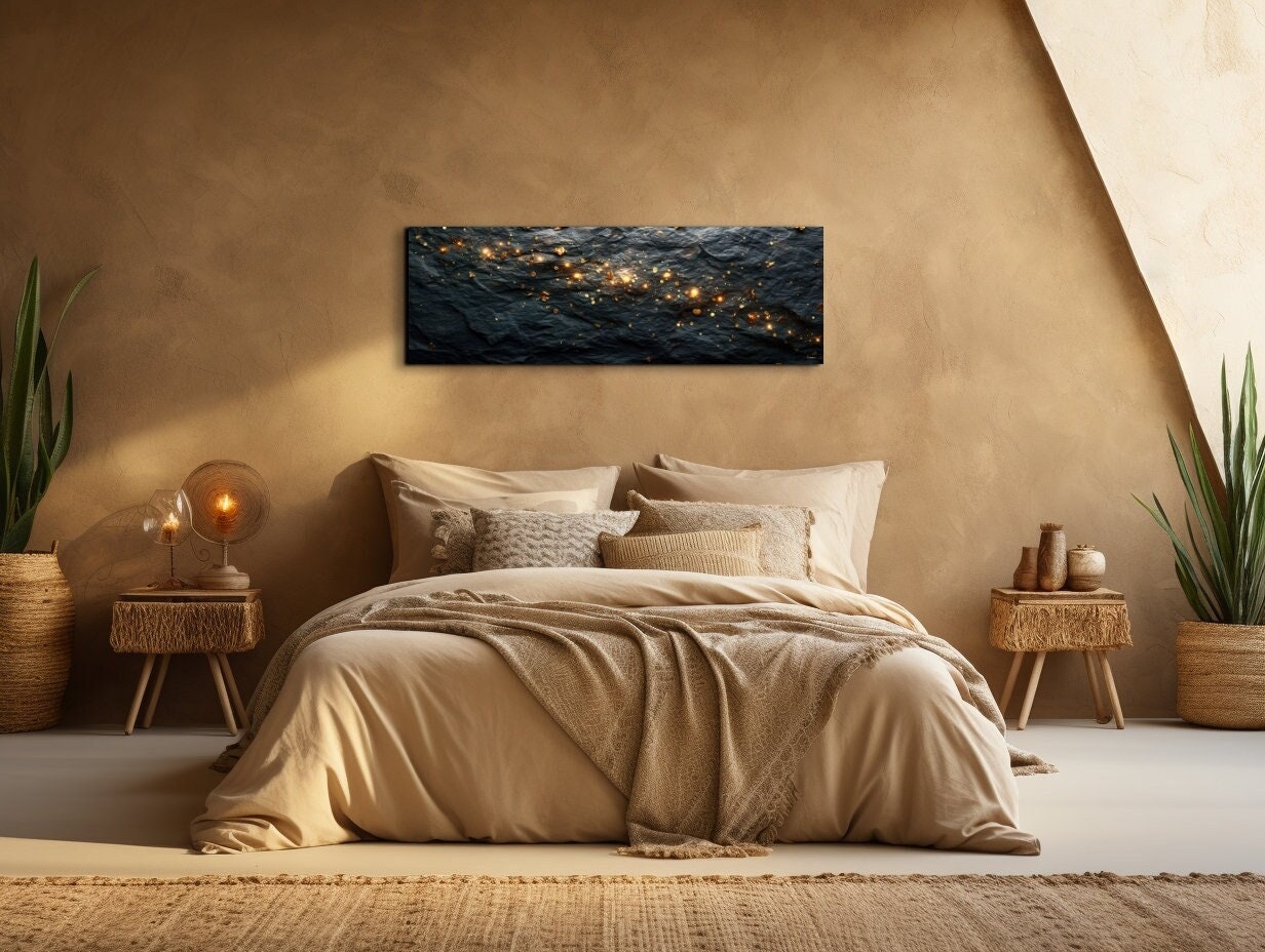 Black Stone With Gold Shinning, Canvas Wall Art Print, Gold Particles On Stone, Nature Illumination Decor Panoramic, Ready To Hang