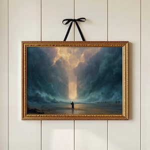 Puede incluir: Una obra de arte enmarcada que representa una escena bíblica con una figura entre aguas separadas. El marco dorado es rectangular con detalles ornamentados. Se utiliza una cinta negra para colgar. La obra presenta un cielo dramático y figuras en la distancia.