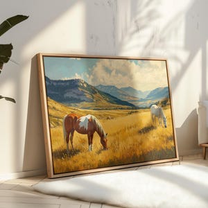 Western Horse Landscape Canvas, Rustic Farmhouse Wall Art, Wild Horses in Golden Field, Country Ranch Decor, Vintage Oil Painting Print
