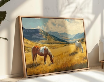 Tela con paesaggio di cavalli occidentali, arte murale rustica in stile fattoria, cavalli selvaggi in un campo dorato, arredamento country ranch, stampa di pittura a olio vintage