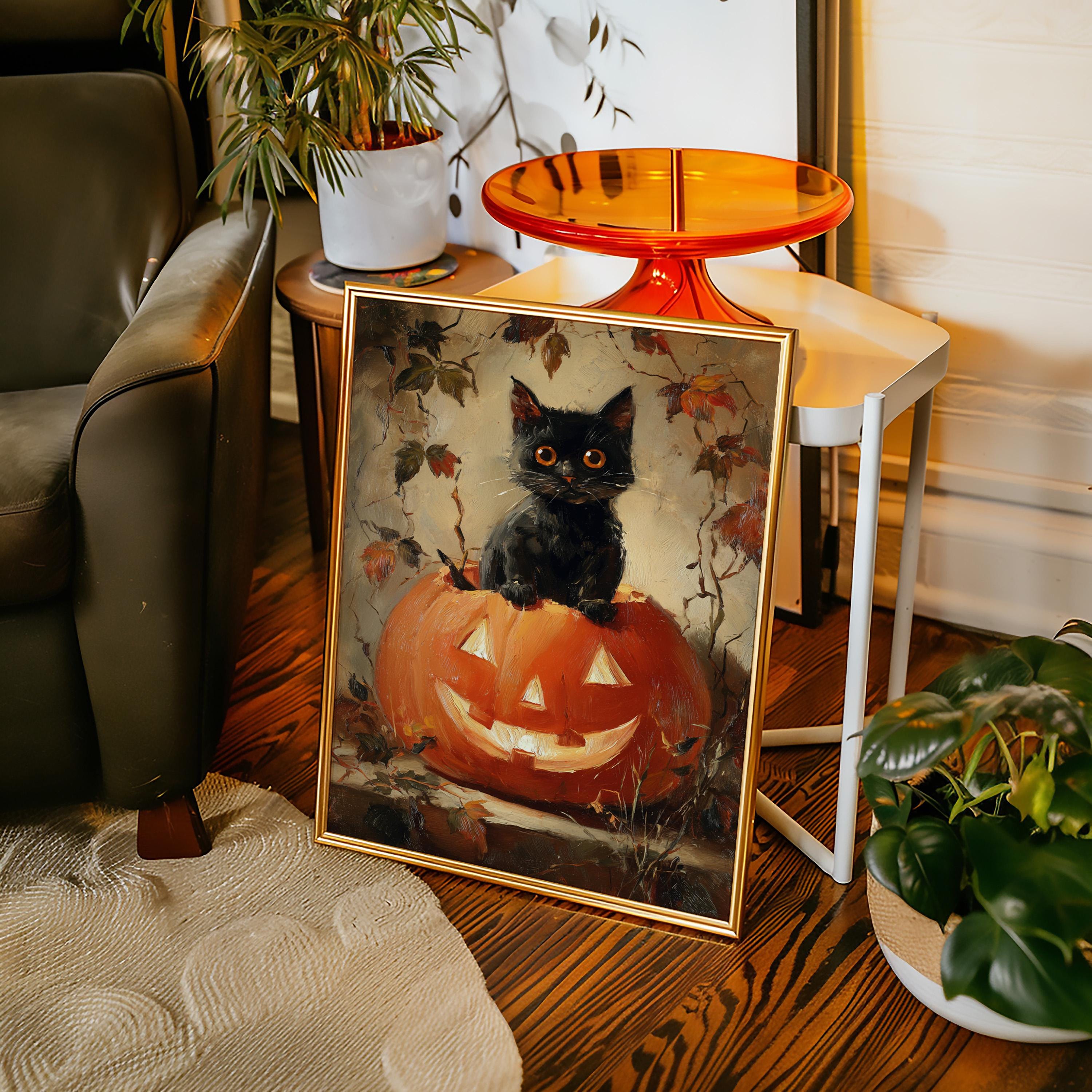 カボチャの中の黒猫のハロウィンアートプリント – 秋やハロウィン好き