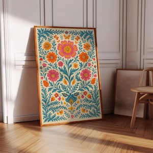 Imprimé floral d'art populaire | Art mural botanique lumineux avec fleurs orange, roses et jaunes | Poster coloré d'inspiration scandinave
