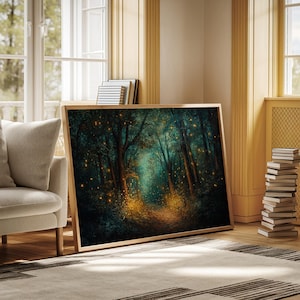 May include: A framed painting of a forest path with glowing lights, resembling fireflies, in the trees. The path leads to a clearing in the distance.