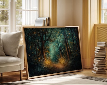 Magical Firefly Forest Path - Glowing Woodland Night Scene, Enchanted Fairy Lights Landscape Wall Art for Nature Lovers