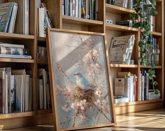 Bluebird in Blossoms Wall Art, Vintage Spring Bird Oil Painting, Cottagecore Nature Artwork, Floral Bird Print for Rustic Farmhouse Decor