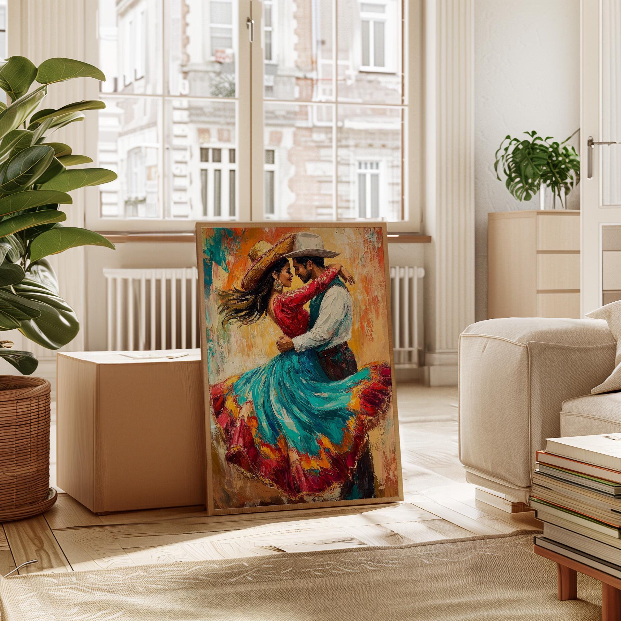 Mexican Cowboy Dance Canvas Wall Art | Colorful Fiesta Couple