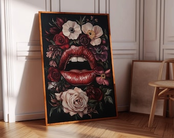Lienzo con labios rojos brillantes, rosas y anémonas. Retrato floral llamativo. Decoración de pared gótica y glamurosa para dormitorio o tocador.