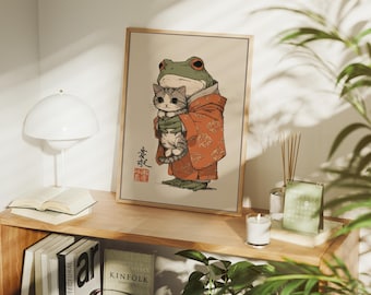 Japanese Frog Holding Cat Canvas Art, Cute Animal Print in Kimono, Whimsical Vintage Style Wall Decor for Cat Lovers and Zen Homes