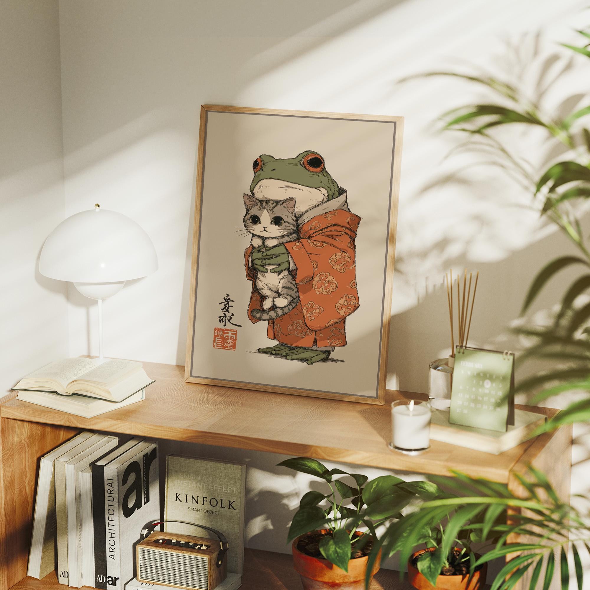 Japanese Frog Holding Cat Canvas Art, Cute Animal Print in Kimono